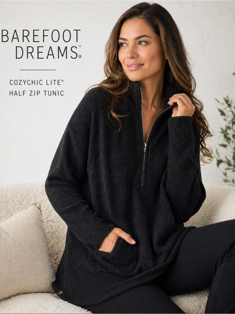 NWT Barefoot Dreams CozyChic Lite Half Zip Tunic Pullover Black XXS/XS